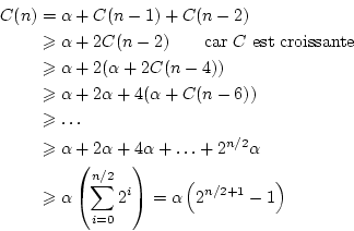 \begin{displaymath}\begin{split}C(n) &= \alpha + C(n-1) + C(n-2) \\  &\geqslant ...
...^{n/2} 2^i\right) = \alpha \left(2^{n/2+1}-1\right) \end{split}\end{displaymath}
